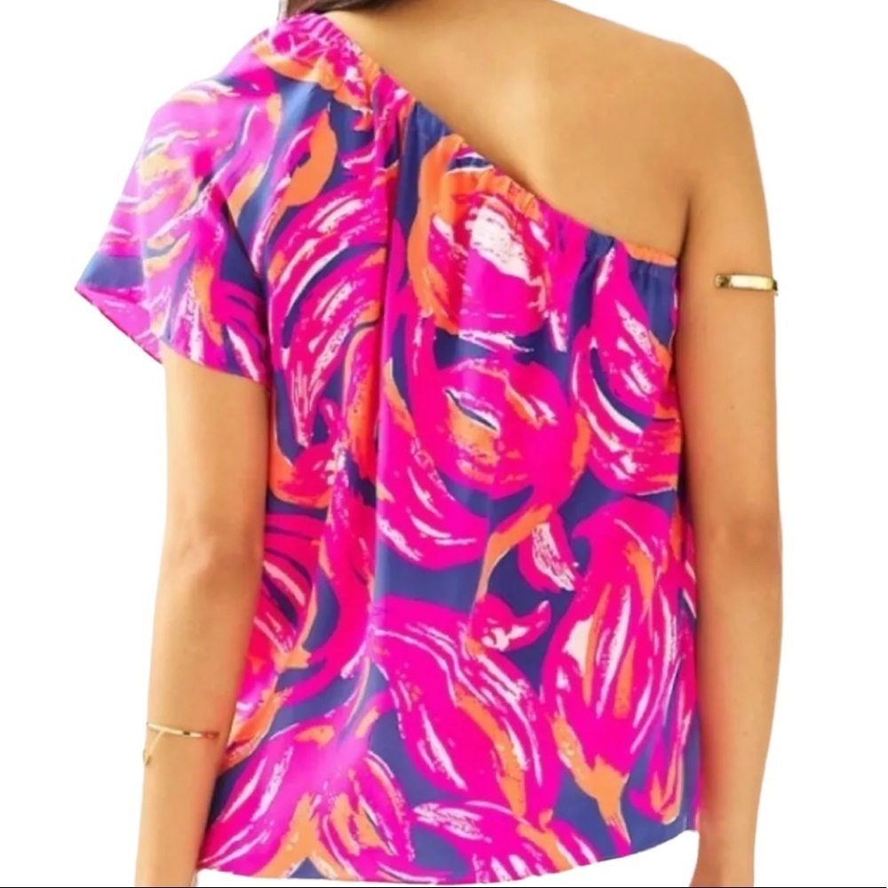 Lily Pulitzer Silk Flamingo One Shoulder Blouse C4 - Picture 6 of 11
